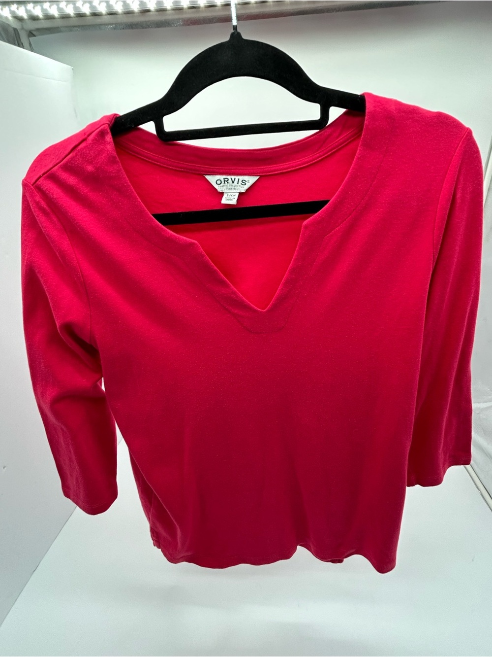Orvis Women's Bright Pink Notch-Neck 3/4 Sleeve Top sSize Smallm